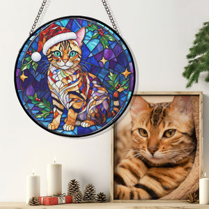 Christmas Cat Stained Glass Suncatcher | Unique Holiday Gift for Cat Lovers | Bengal Cat