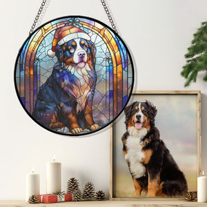 Christmas Dog Stained Glass Suncatcher | Unique Holiday Gift for Dog Lovers | Bernese Mountain