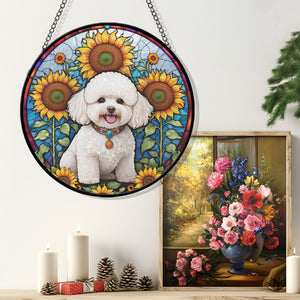 Bichon Frise Stained Glass Suncatcher, Bichon Frise Sunflower Suncatcher for Windows Stained Glass