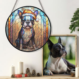 Christmas Dog Stained Glass Suncatcher | Unique Holiday Gift for Dog Lovers | Boston Terrier