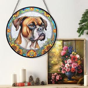 Boxer Dog Stained Glass Suncatcher, Boxer Dog Sunflower Suncatcher for Windows Stained Glass