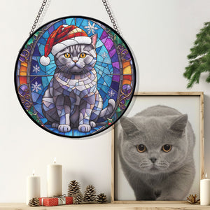 Christmas Cat Stained Glass Suncatcher | Unique Holiday Gift for Cat Lovers | British Shorthair Cat