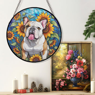 Bulldog Stained Glass Suncatcher, Bulldog Sunflower Suncatcher for Windows Stained Glass