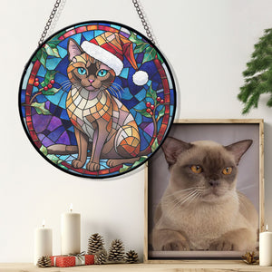 Christmas Cat Stained Glass Suncatcher | Unique Holiday Gift for Cat Lovers | Burmese Cat