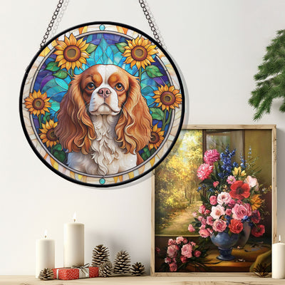 Cavalier King Charles Spaniel Stained Glass Suncatcher, Cavalier King Charles Spaniel Sunflower Suncatcher for Windows Stained Glass