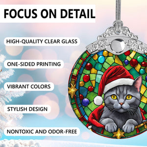 Christmas Cat Stained Glass Ornament | Unique Holiday Gift for Cat Lovers | Chartreux Cat