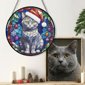 Christmas Cat Stained Glass Suncatcher | Unique Holiday Gift for Cat Lovers | Chartreux Cat