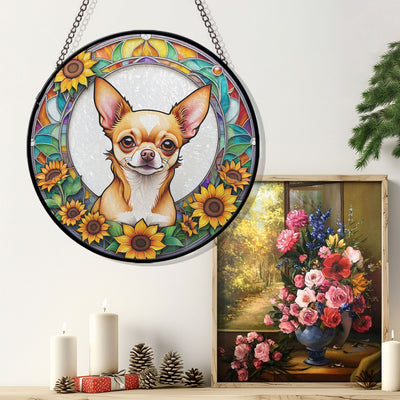 Chihuahua Stained Glass Suncatcher, Chihuahua Sunflower Suncatcher for Windows Stained Glass