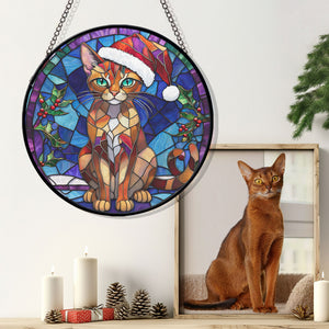 Christmas Cat Stained Glass Suncatcher | Unique Holiday Gift for Cat Lovers | Abyssinian Cat