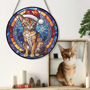 Christmas Cat Stained Glass Suncatcher | Unique Holiday Gift for Cat Lovers | Chausie Cat