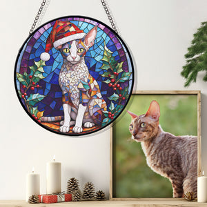 Christmas Cat Stained Glass Suncatcher | Unique Holiday Gift for Cat Lovers | Cornish Rex Cat