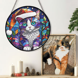 Christmas Cat Stained Glass Suncatcher | Unique Holiday Gift for Cat Lovers | Cymric Cat