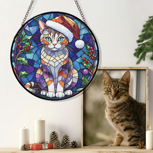 Christmas Cat Stained Glass Suncatcher | Unique Holiday Gift for Cat Lovers | European Shorthair Cat