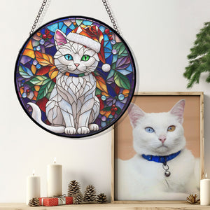 Christmas Cat Stained Glass Suncatcher | Unique Holiday Gift for Cat Lovers | Manee Cat