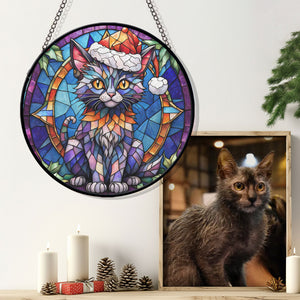 Christmas Cat Stained Glass Suncatcher | Unique Holiday Gift for Cat Lovers | Lykoi Cat