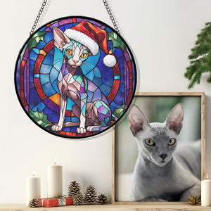 Christmas Cat Stained Glass Suncatcher | Unique Holiday Gift for Cat Lovers | Peterbald Cat