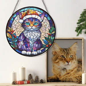 Christmas Cat Stained Glass Suncatcher | Unique Holiday Gift for Cat Lovers | Pixie-bob Cat