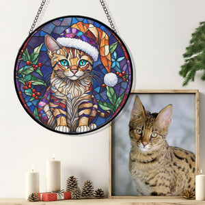 Christmas Cat Stained Glass Suncatcher | Unique Holiday Gift for Cat Lovers | Savannah Cat