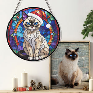 Christmas Cat Stained Glass Suncatcher | Unique Holiday Gift for Cat Lovers | Siamese Cat