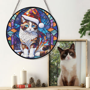 Christmas Cat Stained Glass Suncatcher | Unique Holiday Gift for Cat Lovers | Snowshoe Cat