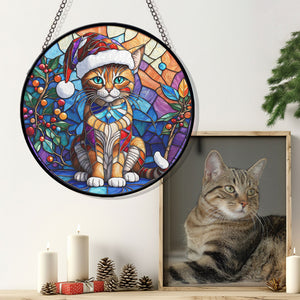 Christmas Cat Stained Glass Suncatcher | Unique Holiday Gift for Cat Lovers | Sokoke Cat