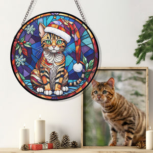 Christmas Cat Stained Glass Suncatcher | Unique Holiday Gift for Cat Lovers | Toyger Cat