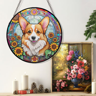 Corgi Stained Glass Suncatcher, Corgi Sunflower Suncatcher for Windows Stained Glass