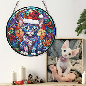 Christmas Cat Stained Glass Suncatcher | Unique Holiday Gift for Cat Lovers | Devon Rex Cat