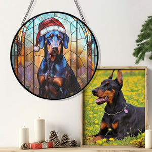 Christmas Dog Stained Glass Suncatcher | Unique Holiday Gift for Dog Lovers | Doberman