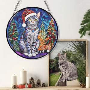 Christmas Cat Stained Glass Suncatcher | Unique Holiday Gift for Cat Lovers | Egyptian Mau Cat