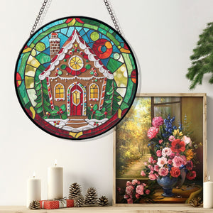 Gingerbread House Stained Glass Suncatcher, Gingerbread House Suncatchers for Windows Stained Glass