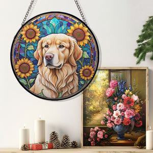 Golden Retriever Stained Glass Suncatcher, Golden Retriever Sunflower Suncatcher for Windows Stained Glass