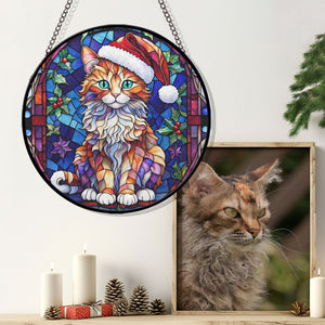 Christmas Cat Stained Glass Suncatcher | Unique Holiday Gift for Cat Lovers | LaPerm Cat