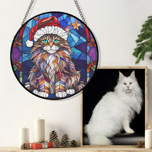 Christmas Cat Stained Glass Suncatcher | Unique Holiday Gift for Cat Lovers | Maine Coon Cat