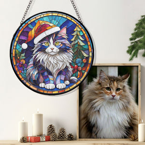 Christmas Cat Stained Glass Suncatcher | Unique Holiday Gift for Cat Lovers | Norwegian Forest Cat