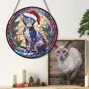 Christmas Cat Stained Glass Suncatcher | Unique Holiday Gift for Cat Lovers |Oriental Shorthair Cat