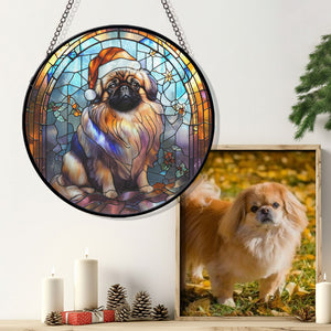 Christmas Dog Stained Glass Suncatcher | Unique Holiday Gift for Dog Lovers | Pekingese