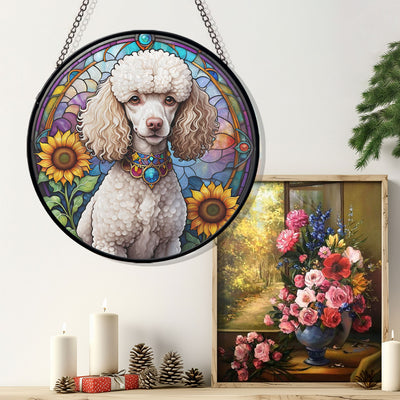 Poodle Stained Glass Suncatcher, Poodle Sunflower Suncatcher for Windows Stained Glass