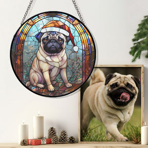 Christmas Dog Stained Glass Suncatcher | Unique Holiday Gift for Dog Lovers | Pug