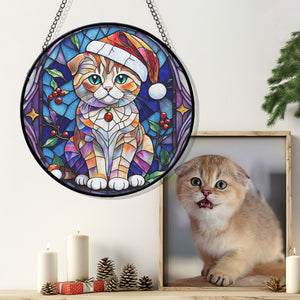 Christmas Cat Stained Glass Suncatcher | Unique Holiday Gift for Cat Lovers | Scottish Fold Cat