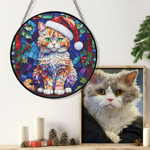 Christmas Cat Stained Glass Suncatcher | Unique Holiday Gift for Cat Lovers | Selkirk Rex Cat