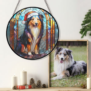 Christmas Dog Stained Glass Suncatcher | Unique Holiday Gift for Dog Lovers | Shetland Sheepdog