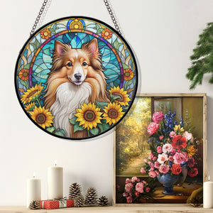 Shetland Sheepdog Stained Glass Suncatcher, Shetland Sheepdog Sunflower Suncatcher for Windows Stained Glass