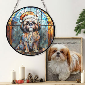 Christmas Dog Stained Glass Suncatcher | Unique Holiday Gift for Dog Lovers | Shih Tzu