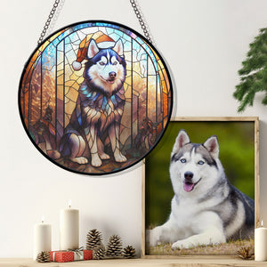 Christmas Dog Stained Glass Suncatcher | Unique Holiday Gift for Dog Lovers | Siberian Husky