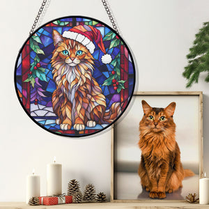 Christmas Cat Stained Glass Suncatcher | Unique Holiday Gift for Cat Lovers | Somali Cat