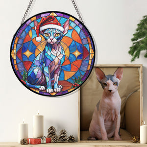 Christmas Cat Stained Glass Suncatcher | Unique Holiday Gift for Cat Lovers | Sphynx Cat