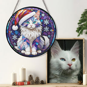 Christmas Cat Stained Glass Suncatcher | Unique Holiday Gift for Cat Lovers | Turkish Angora Cat