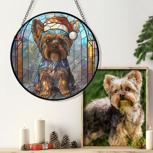 Christmas Dog Stained Glass Suncatcher | Unique Holiday Gift for Dog Lovers | Yorkshire Terrier