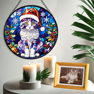 Christmas Cat Stained Glass Suncatcher | Unique Holiday Gift for Cat Lovers | American Curl Cat